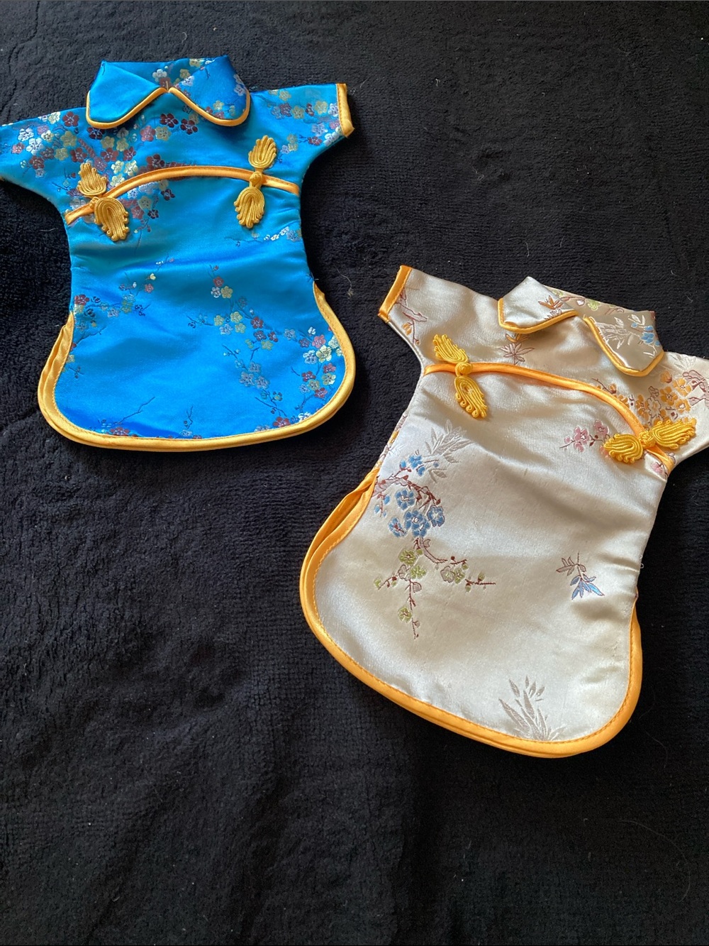 Traditional Satin bottle Covers Cheongsam Dresses - Blue & Ivory with Gold Trim